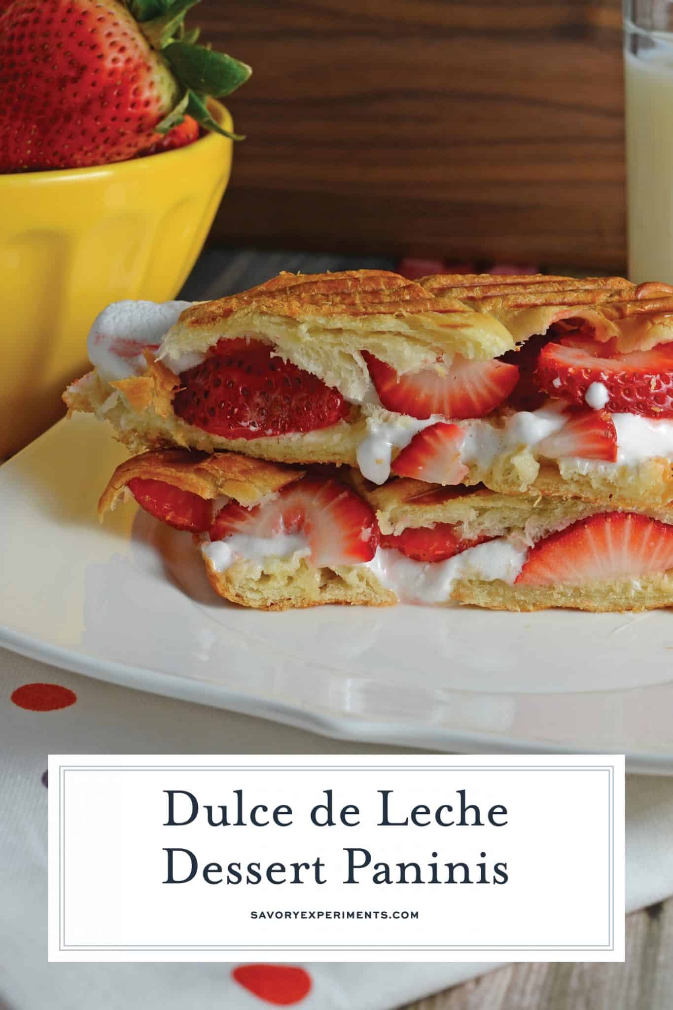 Dulce de Leche Dessert Panini is made up of layers of decadent dulce de leche, gooey marshmallow, and freshly sliced berries all in a buttery croissant! #dessertrecipes #dessertsandwich #dessertswithdulcedeleche www.savoryexperiments.com