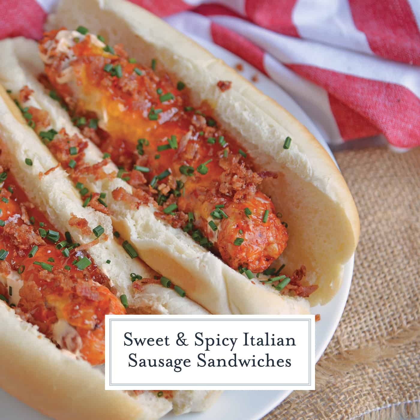 Sweet and Spicy Italian Sausage Sandwiches combine spicy Italian sausage with hot sauce spiked cream cheese with sweet apricot jam, salty bacon and chives. #sausagesandwiches www.savoryexperiments.com 