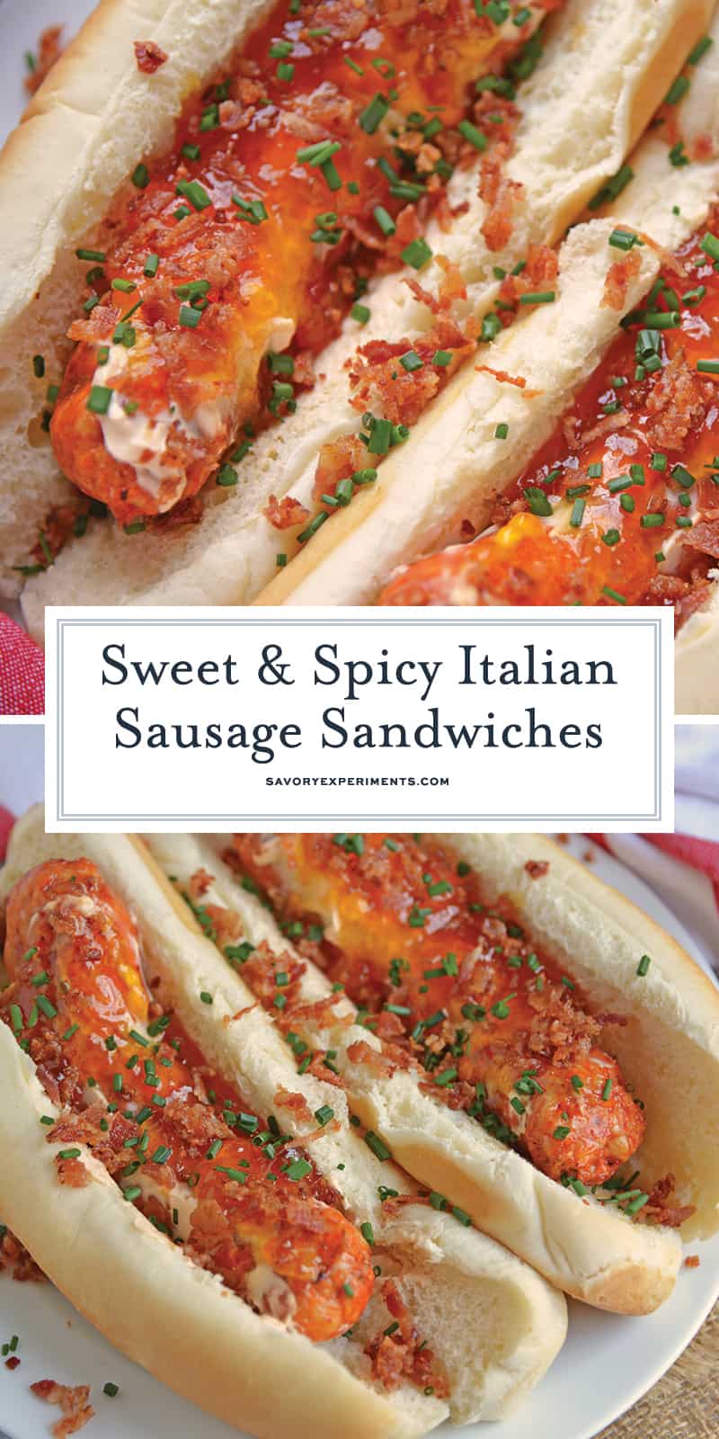 Sweet and Spicy Italian Sausage Sandwiches combine spicy Italian sausage with hot sauce spiked cream cheese with sweet apricot jam, salty bacon and chives. #sausagesandwiches www.savoryexperiments.com 