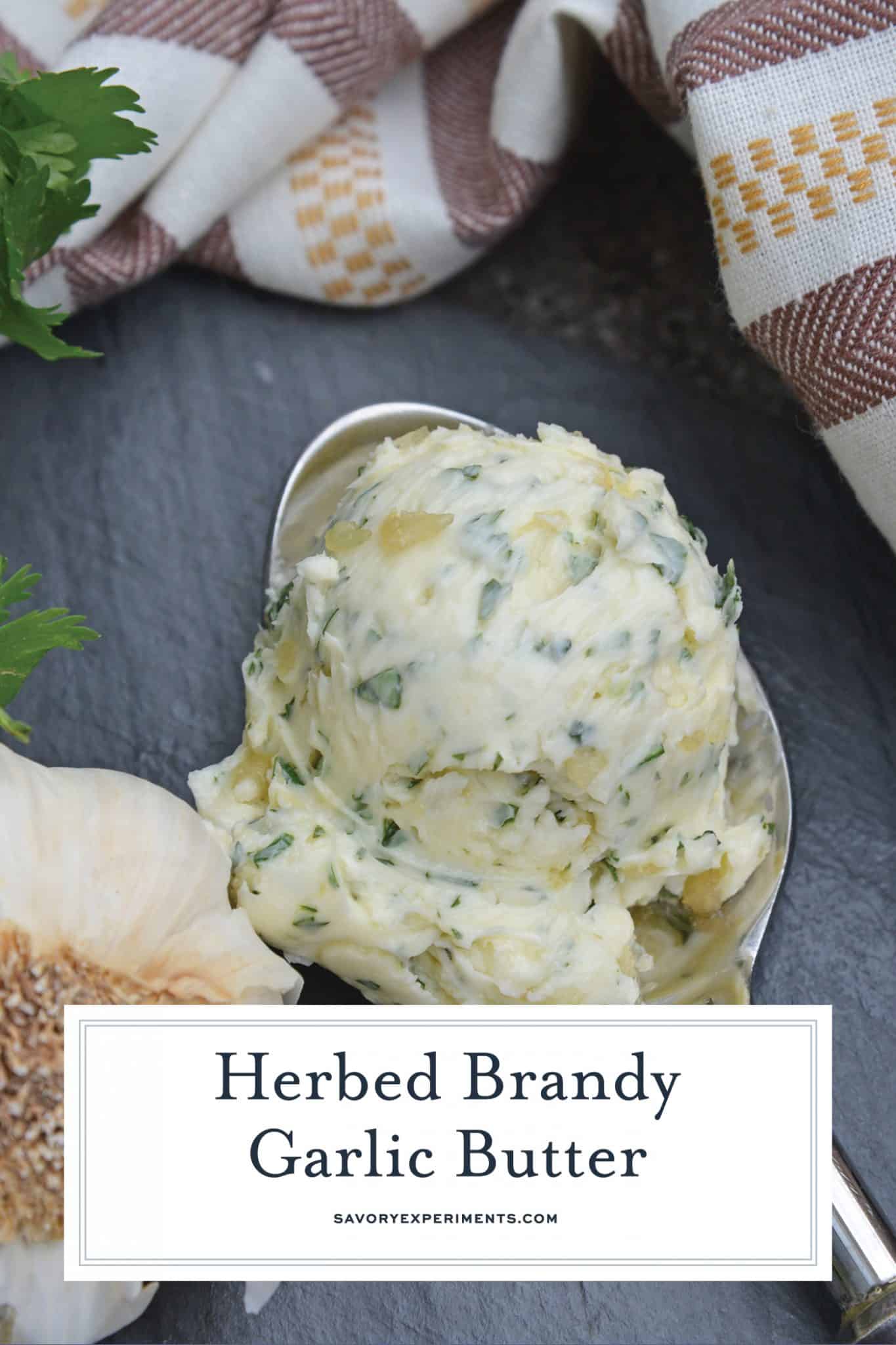 Spoon of brandy butter with text overlay for pinterest 