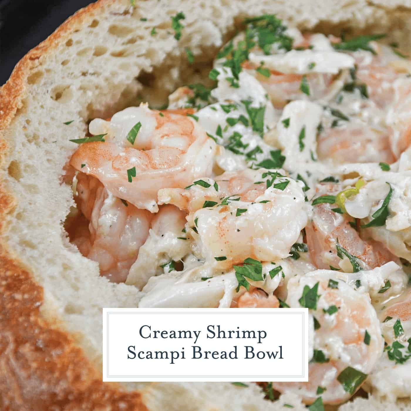 This Creamy Shrimp Scampi Bread Bowl can be an easy appetizer or entree, dipping bread in the rich scampi sauce with succulent shrimp. #shrimpscampi #shrimpappetizer www.savoryexperiments.com 
