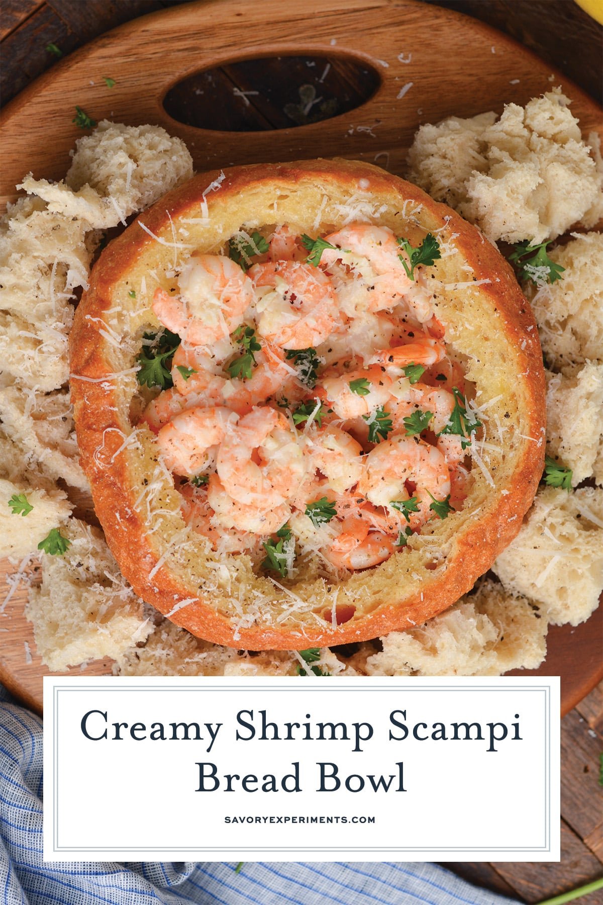 overhead creamy shrimp scampi recipe in a bread bowl 