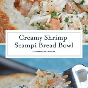 This Creamy Shrimp Scampi Bread Bowl can be an easy appetizer or entree, dipping bread in the rich scampi sauce with succulent shrimp. #shrimpscampi #shrimpappetizer www.savoryexperiments.com