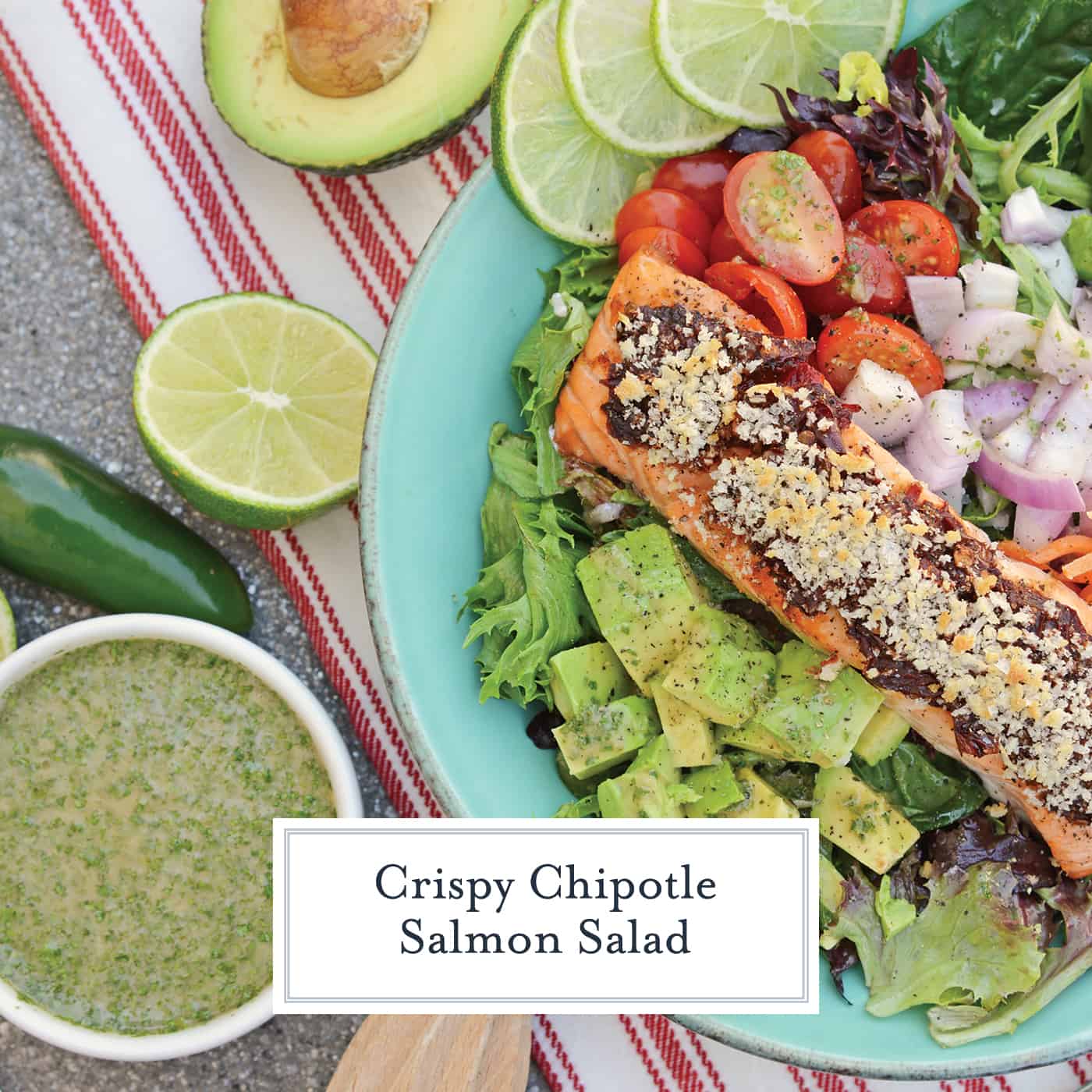 Crispy Chipotle Salmon Salad is a simple and healthy salad filled with a fun texture and spicy chipotle peppers. Top with Cilantro Lime Dressing. #salmonsaladrecipe #saladrecipes #bakedsalmonrecipe www.savoryexperiments.com