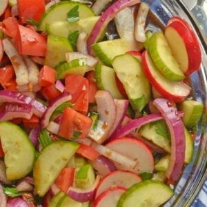 Fattoush Salad is of Arabic descent consisting of marinated vegetables, usually tomatoes and radishes, and tossed with grilled flatbread. #fattoushsalad www.savoryexperiments.com