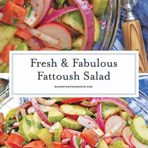 Fattoush Salad is of Arabic descent consisting of marinated vegetables, usually tomatoes and radishes, and tossed with grilled flatbread. #fattoushsalad www.savoryexperiments.com