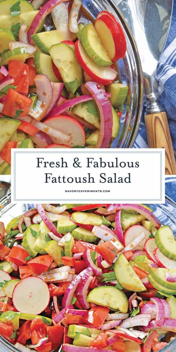 Fattoush Salad is of Arabic descent consisting of marinated vegetables, usually tomatoes and radishes, and tossed with grilled flatbread. #fattoushsalad www.savoryexperiments.com