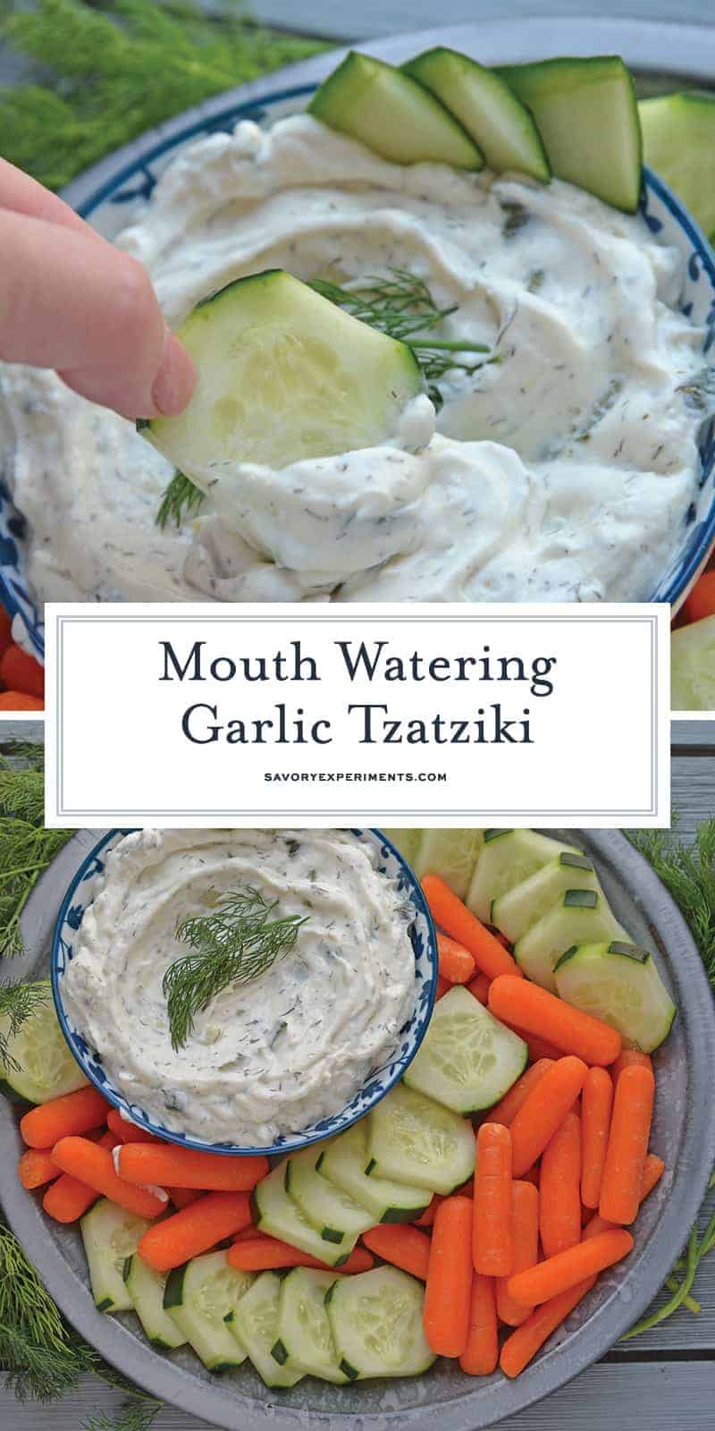 Garlic Tzatziki Sauce is a refreshingly delicious tzatziki dip made from greek yogurt, cucumber, fresh dill, lemon juice, and garlic! #tzatzikisaucerecipe #tzatzikidip www.savoryexperiments.com
