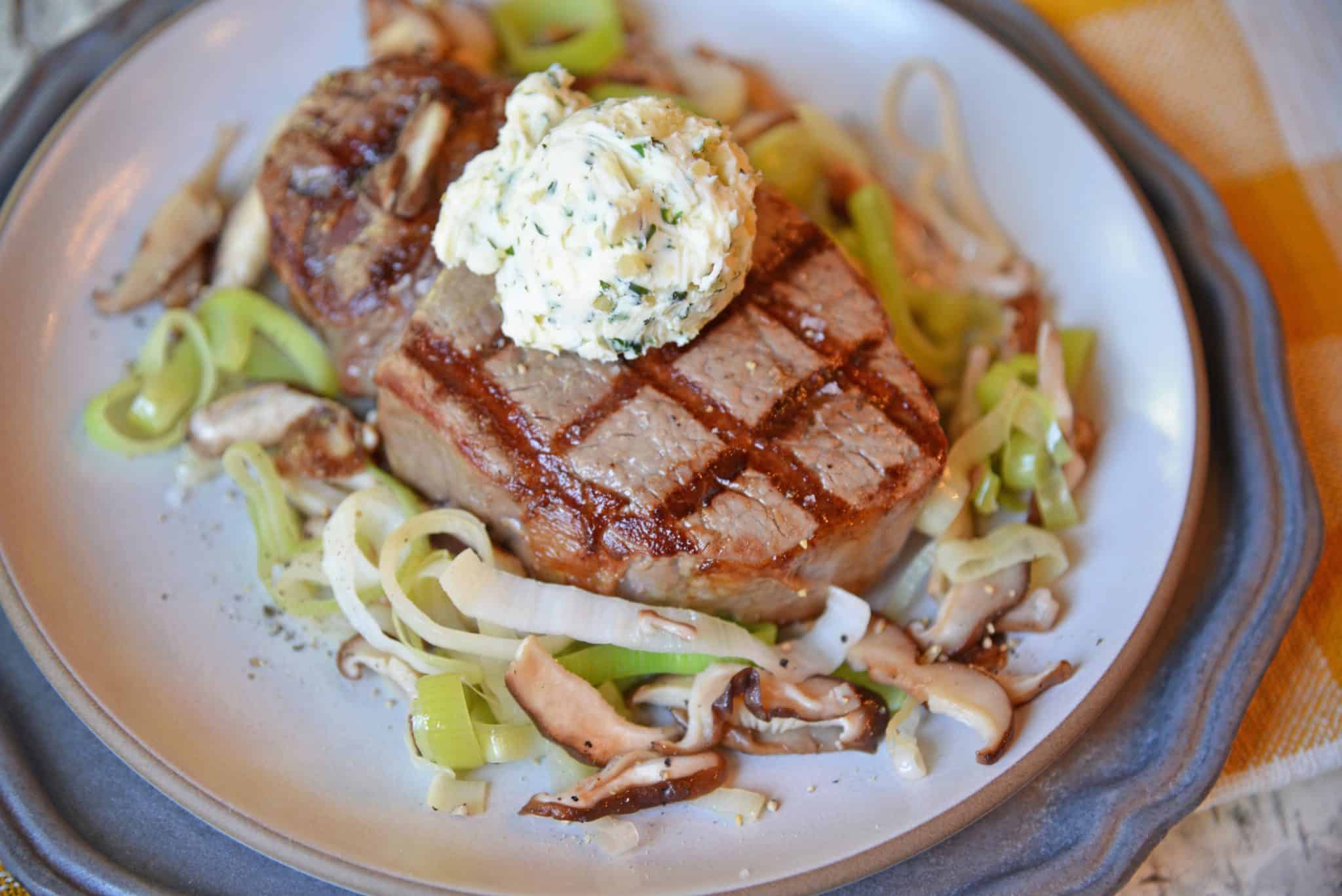 Garlic Butter Steak is perfect for any occasion! Grilled filet mignon is perfect for a special date night or just for a typical weeknight meal! #filetmignonrecipe #garlicbuttersteak #grillingfiletmignon www.savoryexperiments.com