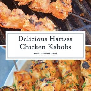 Harissa Chicken Kabobs use the spiciness of harissa paste and the coolness of Greek yogurt to make tender chicken on the grill. #chickenkabobs #grilledchicken www.savoryexperiments.com