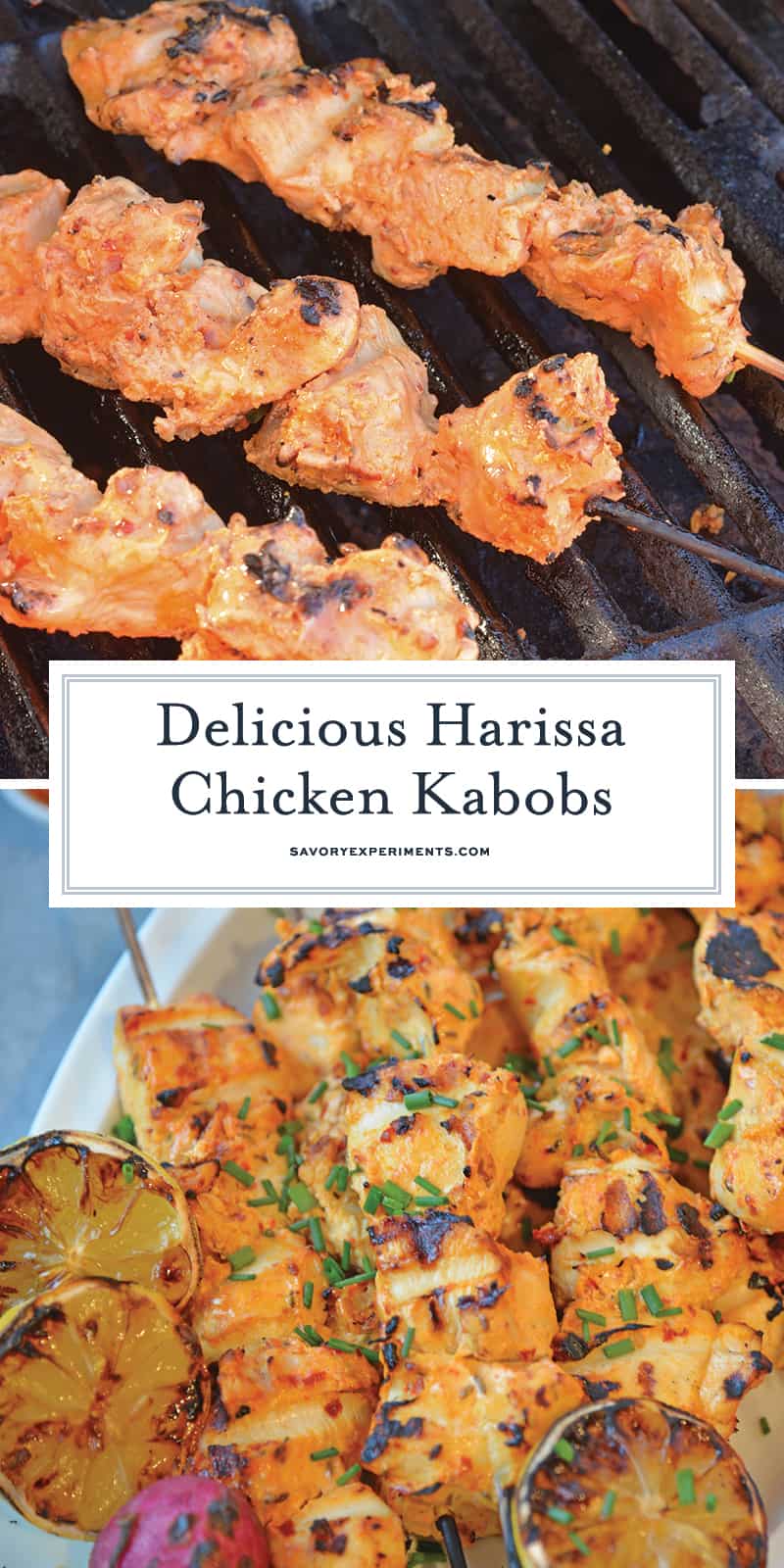 Harissa Chicken Kabobs use the spiciness of harissa paste and the coolness of Greek yogurt to make tender chicken on the grill. #chickenkabobs #grilledchicken www.savoryexperiments.com 