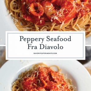 This Seafood Fra Diavolo Recipe is one of my favorite seafood pasta recipes ever! Fra Diavolo is a deliciously spicy marinara with fresh seafood! #fradiavolorecipe #shrimpfradiavolo www.savoryexperiments.com