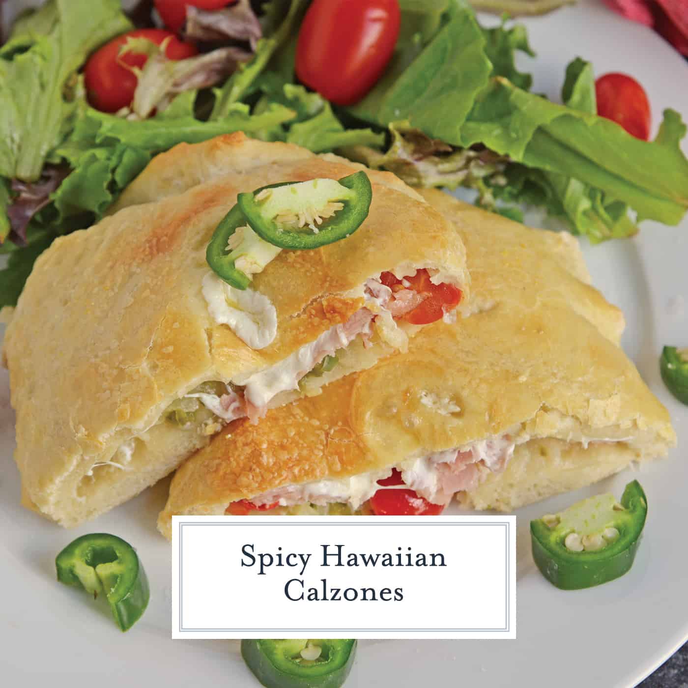 Spicy Hawaiian Calzones have become a favorite lately in this household! This is a easy calzone recipe just like your favorite Hawaiian Pizza with ham, pineapple and jalapenos! #hawaiianpizza #hawaiianfood www.savoryexperiments.com