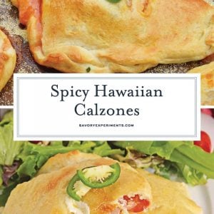 Spicy Hawaiian Calzones have become a favorite lately in this household! This is a easy calzone recipe just like your favorite Hawaiian Pizza with ham, pineapple and jalapenos! #hawaiianpizza #hawaiianfood www.savoryexperiments.com