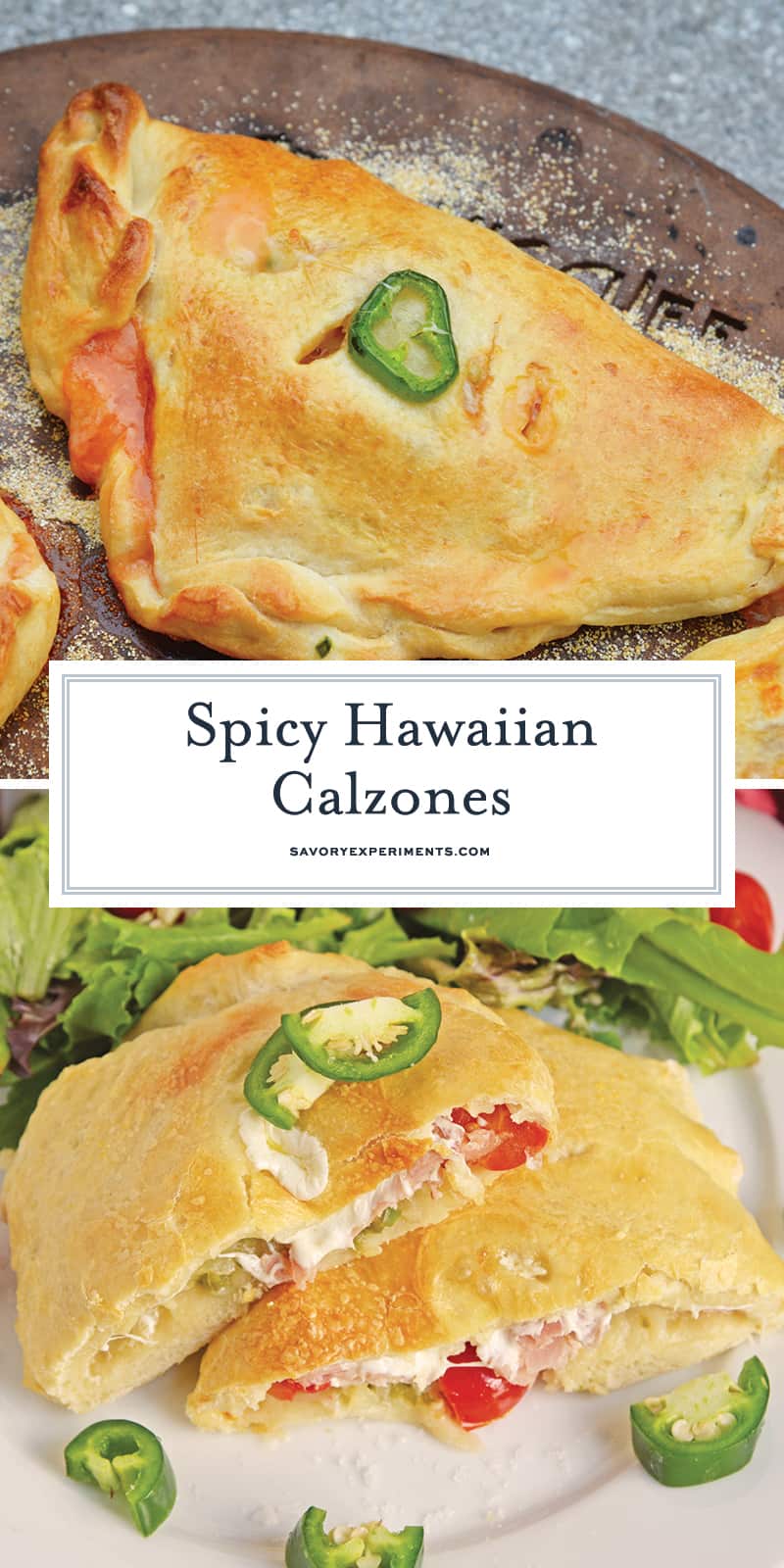 Spicy Hawaiian Calzones have become a favorite lately in this household! This is a easy calzone recipe just like your favorite Hawaiian Pizza with ham, pineapple and jalapenos! #hawaiianpizza #hawaiianfood www.savoryexperiments.com