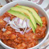 Spicy Pork and Potato Stew uses tender pork cuts and potato simmered in Middle Eastern spices and tomato sauce. Chipotle chiles in adobo sauce and chorizo bring loads of flavor. #porkstew #onepotmeals www.savoryexperiments.com