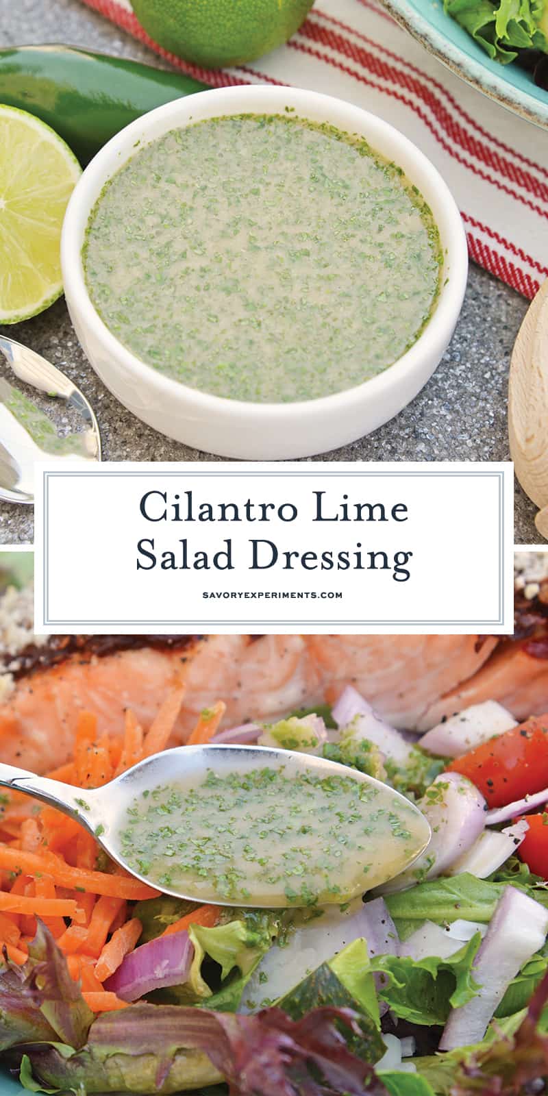 Cilantro Lime Dressing is an easy and delicious citrus dressing for salads, dipping sauces or even as a marinade! Spicy and sweet, it is no-cook and comes together in 5 minutes. #homemadesaladdressing www.savoryexperiments.com