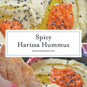 Harissa Hummus is an easy, packed full of flavor, homemade hummus recipe. Pair with vegetables or chips for a dip, or even as a spread on flatbreads or sandwiches! #spicyhummus #homemadehummusrecipe www.savoryexperiments.com