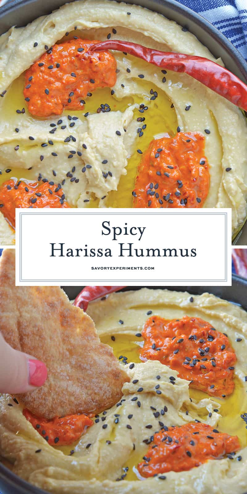 Harissa Hummus is an easy, packed full of flavor, homemade hummus recipe. Pair with vegetables or chips for a dip, or even as a spread on flatbreads or sandwiches! #spicyhummus #homemadehummusrecipe www.savoryexperiments.com