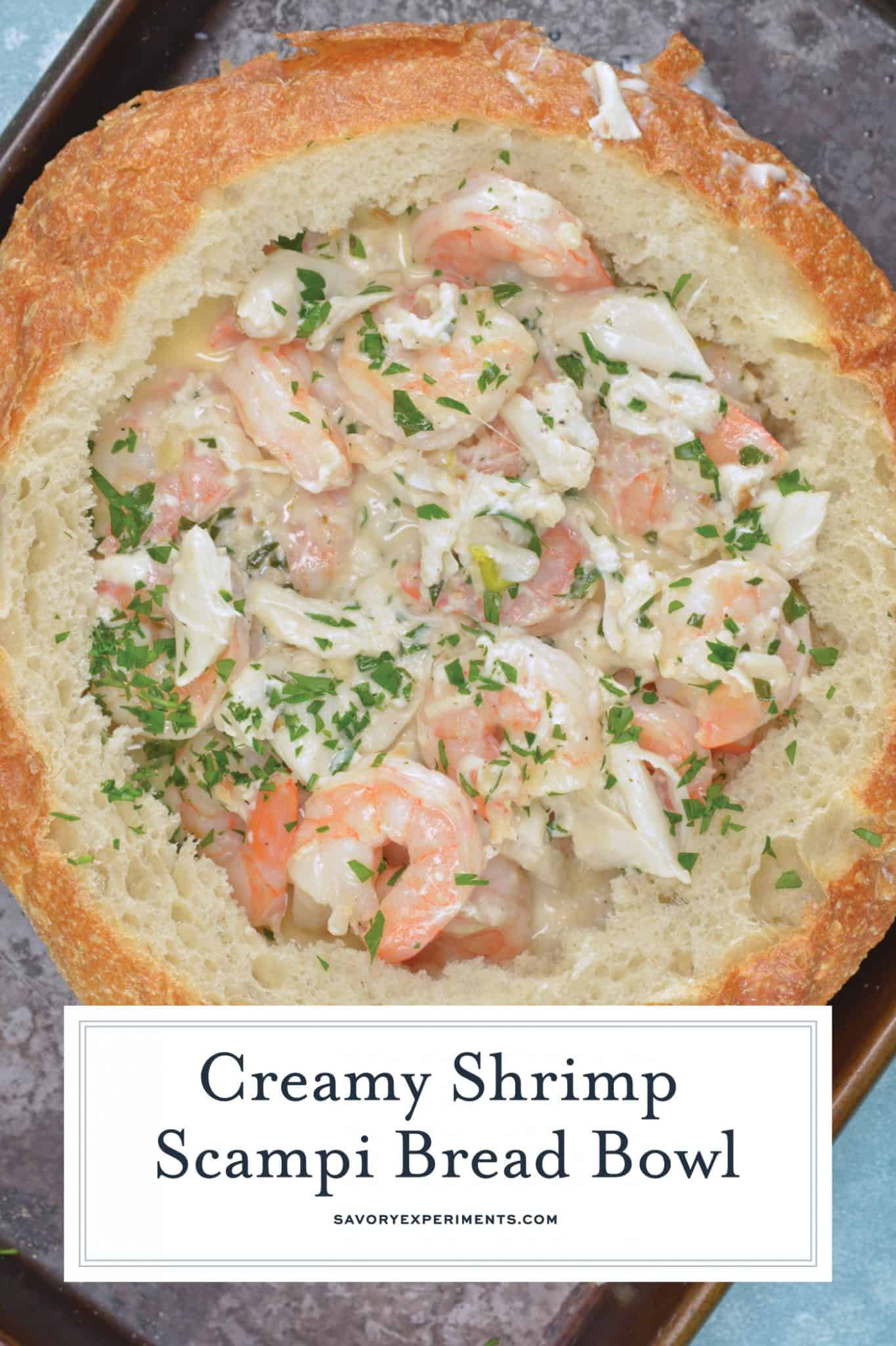This Creamy Shrimp Scampi Bread Bowl can be an easy appetizer or entree, dipping bread in the rich scampi sauce with succulent shrimp. #shrimpscampi #shrimpappetizer www.savoryexperiments.com