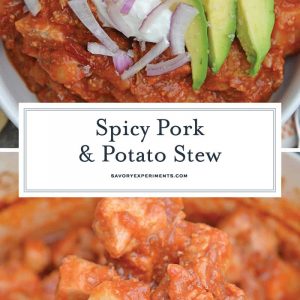 Spicy Pork and Potato Stew uses tender pork cuts and potato simmered in Middle Eastern spices and tomato sauce. Chipotle chiles in adobo sauce and chorizo bring loads of flavor. #porkstew #onepotmeals www.savoryexperiments.com