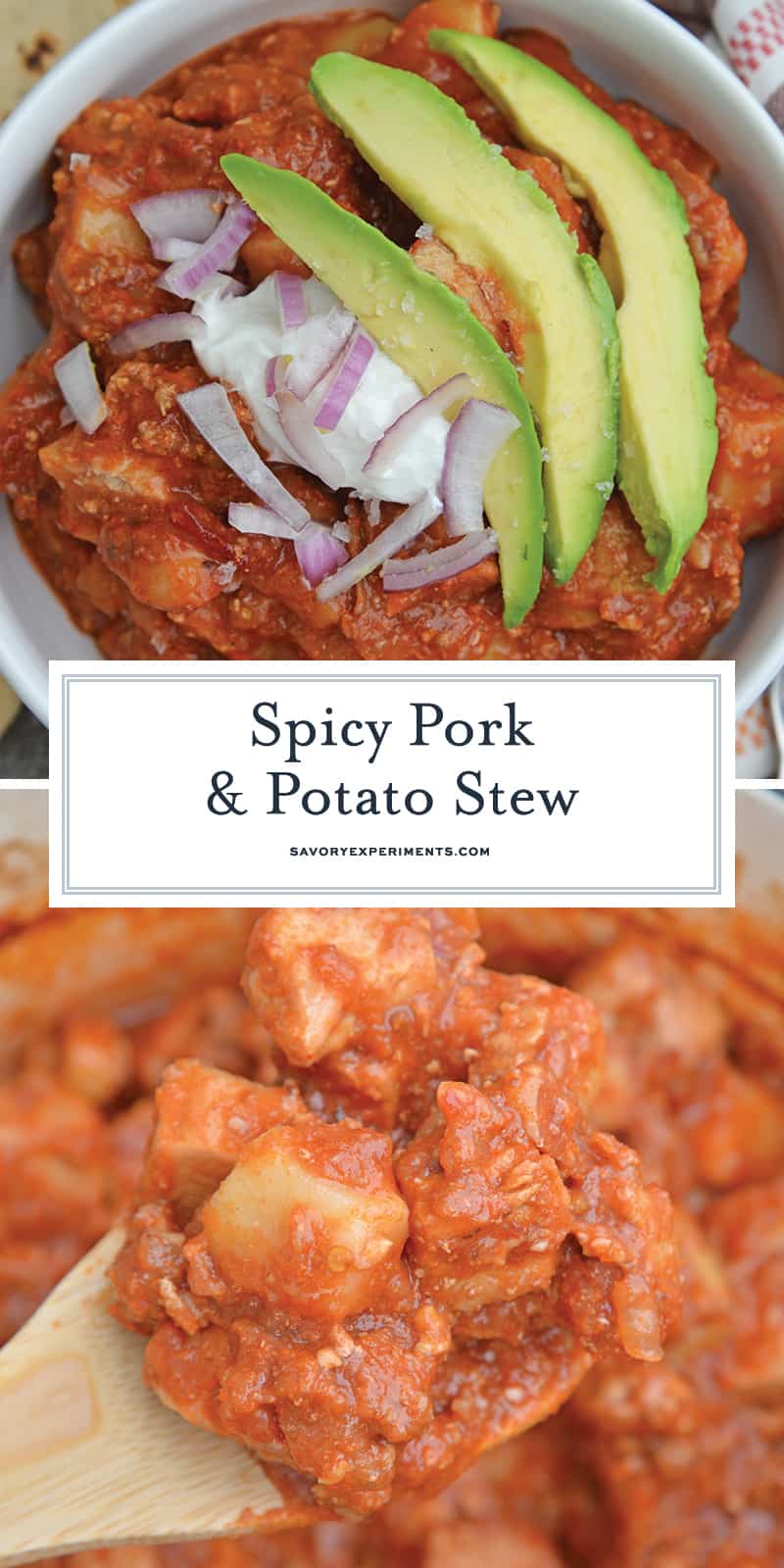Spicy Pork and Potato Stew uses tender pork cuts and potato simmered in Middle Eastern spices and tomato sauce. Chipotle chiles in adobo sauce and chorizo bring loads of flavor. #porkstew #onepotmeals www.savoryexperiments.com 