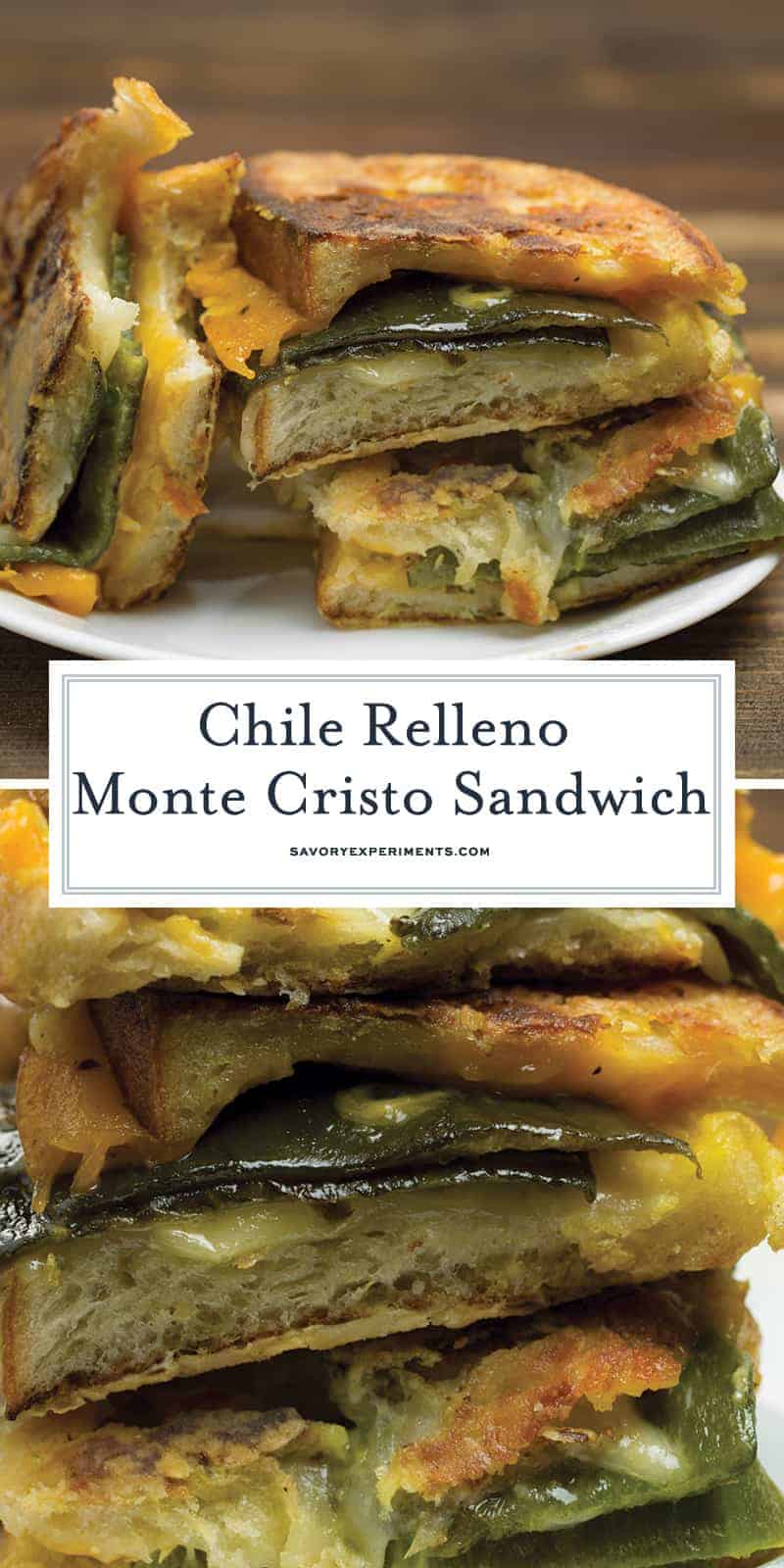 Chile Relleno Monte Cristo is a classic grilled cheese with pepper jack, cheddar and green chile and then battered and fried  Monte Cristo style. #montecristo #chilerelleno www.savoryexperiments.com 