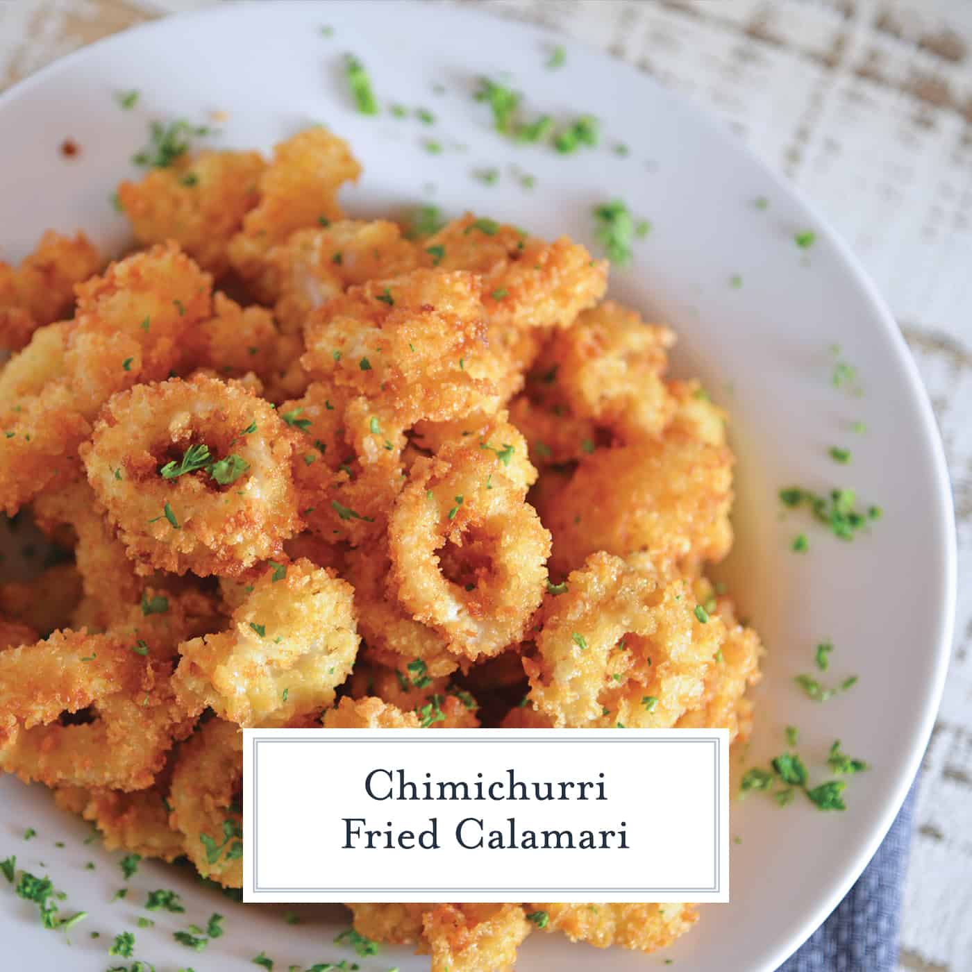 Chimichurri Fried Calamari is a quick and delicious appetizer recipe that can please any crowd! Served with fresh chimichurri sauce, it is a delicious twist. #friedcalamari #easycalamarirecipe www.savoryexperiments.com