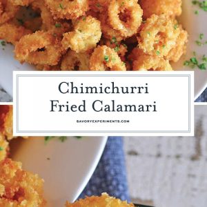 Chimichurri Fried Calamari is a quick and delicious appetizer recipe that can please any crowd! Served with fresh chimichurri sauce, it is a delicious twist. #friedcalamari #easycalamarirecipe www.savoryexperiments.com