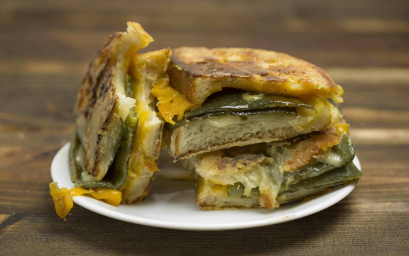 Chile Relleno Monte Cristo slices on a plate