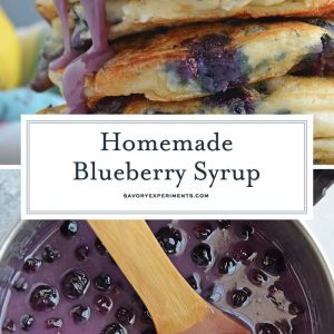 Homemade Blueberry Syrup is the perfect quick blueberry pancake syrup for pancakes and waffles. Uses a blueberry compote and comes together in 30 minutes! #blueberrysyrup #blueberrypancakesyrup www.savoryexperiments.com