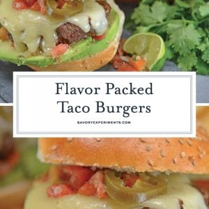 Taco Burgers are a spicy mix of tacos and burgers! Topped with pico de gallo, avocado slices, jalapenos, pepper jack cheese and cool sour cream. #gourmethamburgers #tacohamburger www.savoryexperiments.com