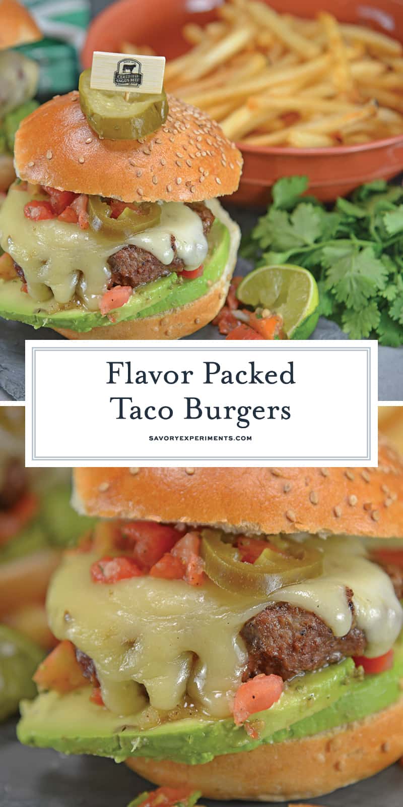 Taco Burgers are a spicy mix of tacos and burgers! Topped with pico de gallo, avocado slices, jalapenos, pepper jack cheese and cool sour cream. #gourmethamburgers #tacohamburger www.savoryexperiments.com 