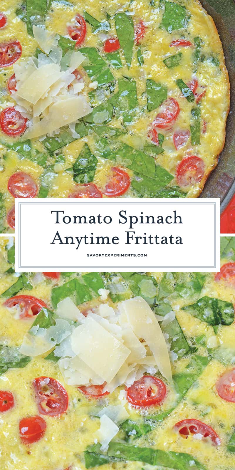 This Tomato Spinach Frittata recipe is excellent for breakfast or brunch, packed full of delicious flavors from tomatoes, spinach, shallots, and parmesan cheese! #spinachfrittata #breakfastfrittatarecipe www.savoryexperiments.com