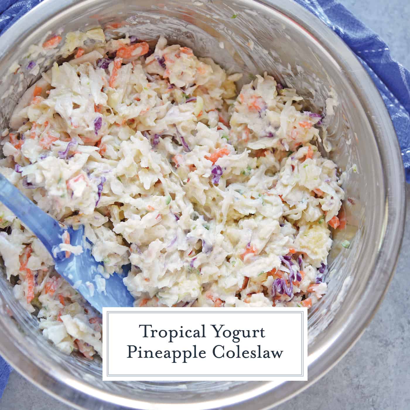 Yogurt Pineapple Coleslaw is a delicious homemade coleslaw that you can have ready in just 10 minutes! It has a yummy sweet and spicy flavor profile to it! #pineapplecoleslaw #nomayocoleslaw #healthycoleslawrecipe www.savoryexperiments.com