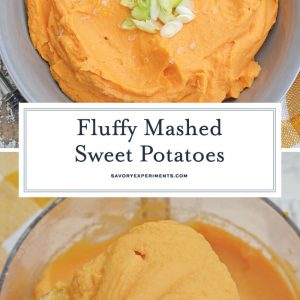 This Mashed Sweet Potatoes recipe uses baked sweet potatoes with natural sugars, bay leaf infused cream and a spike of orange juice for the best sweet potato mash ever! #sweetpotatomash #mashedsweetpotatoes www.savoryexperiments.com