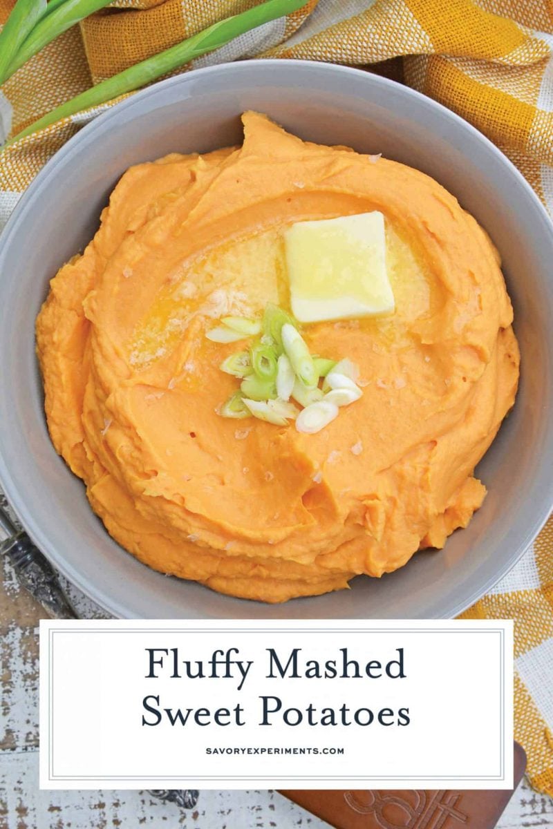 overhead shot of bowl of mashed sweet potatoes with text overlay