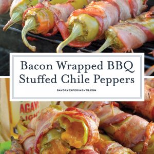 Bacon Wrapped BBQ Chicken Stuffed Chile Peppers are the ultimate BBQ Chicken recipe. Tender shredded chicken stuff in a chile pepper, wrapped in bacon and drizzled with sweet agave nectar. #BBQchicken #stuffedchilepeppers www.savoryexperiments.com