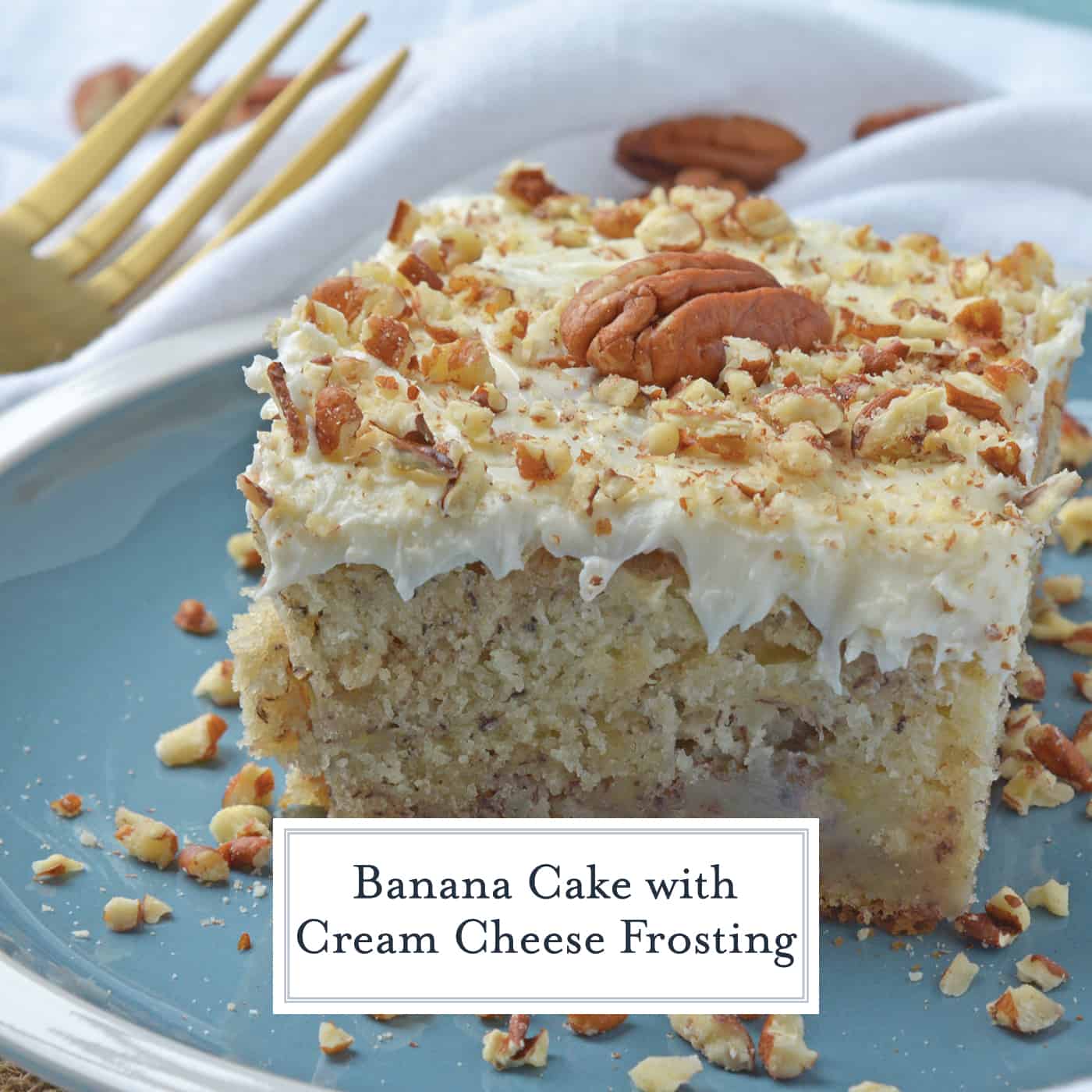 Super moist Banana Cake is a great way to use ripe bananas. Mix it with walnuts and top with a cream cheese frosting for a fabulous breakfast cake or fruity dessert. #bananacake www.savoryexperiments.com