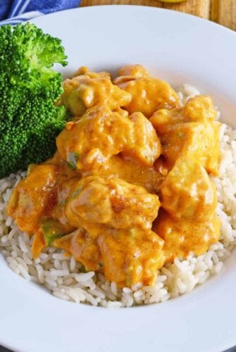 Creamy Paprika Chicken is a flavorful and easy family dinner. Crispy chicken in a creamy paprika sauce with garlic and scallions. #easychickenrecipes #paprikachicken www.savoryexperiments.com