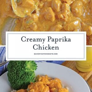 Creamy Paprika Chicken is a flavorful and easy family dinner. Crispy chicken in a creamy paprika sauce with garlic and scallions. #easychickenrecipes #paprikachicken www.savoryexperiments.com