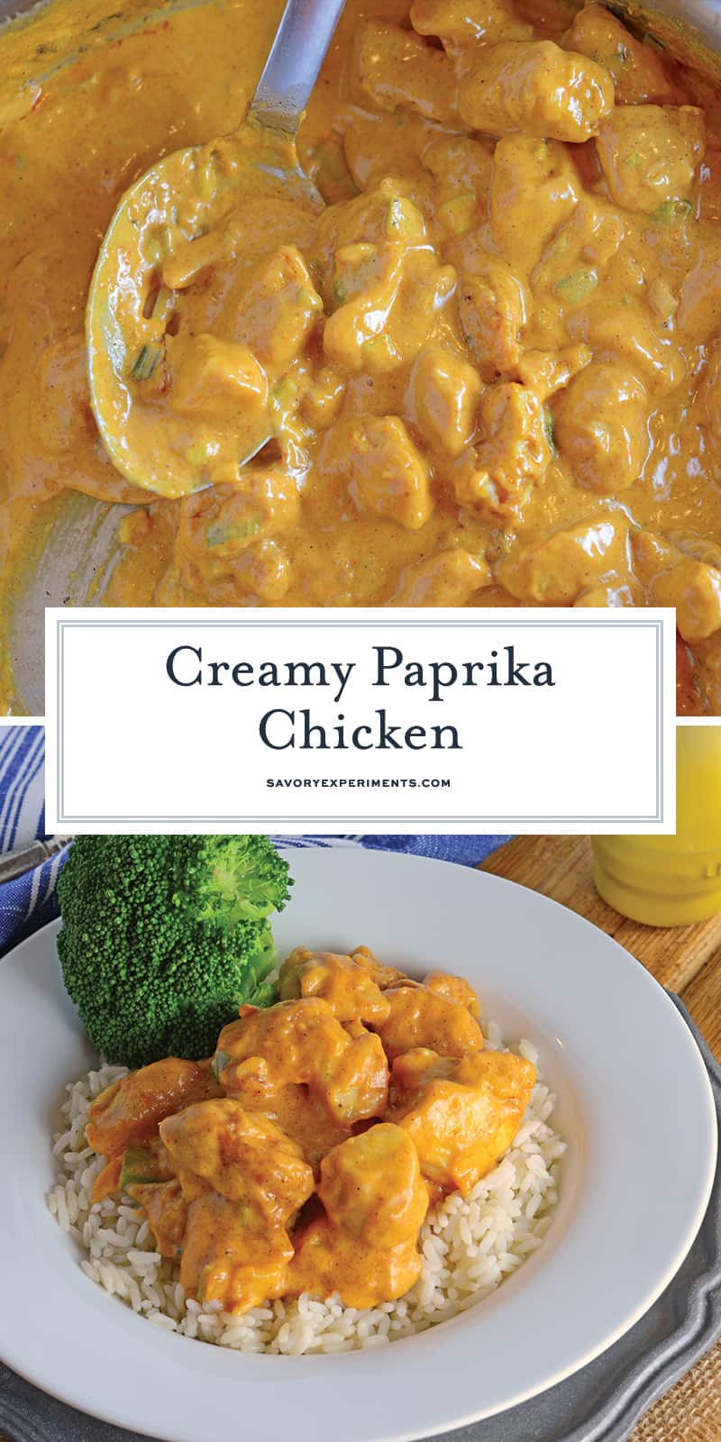 Creamy Paprika Chicken is a flavorful and easy family dinner. Crispy chicken in a creamy paprika sauce with garlic and scallions. #easychickenrecipes #paprikachicken www.savoryexperiments.com