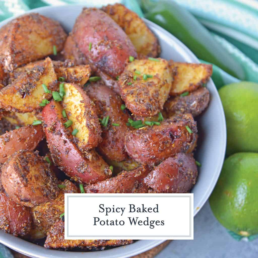 These Spicy Baked Potato Wedges are the best side dish to serve with a juicy hamburger. Tossed in a zesty spice blend, they are baked to crispy perfection.#seasonedpotatowedges #bakedpotatowedges www.savoryexperiments.com