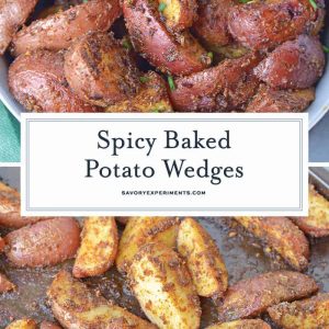 These Spicy Baked Potato Wedges are the best side dish to serve with a juicy hamburger. Tossed in a zesty spice blend, they are baked to crispy perfection.#seasonedpotatowedges #bakedpotatowedges www.savoryexperiments.com