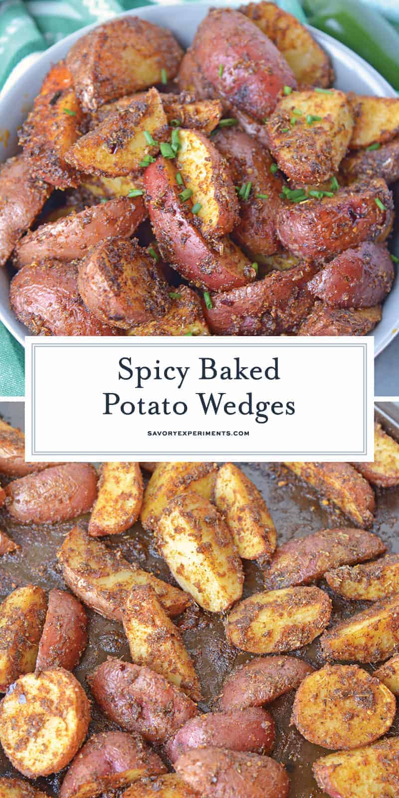 These Spicy Baked Potato Wedges are the best side dish to serve with a juicy hamburger. Tossed in a zesty spice blend, they are baked to crispy perfection.#seasonedpotatowedges #bakedpotatowedges www.savoryexperiments.com