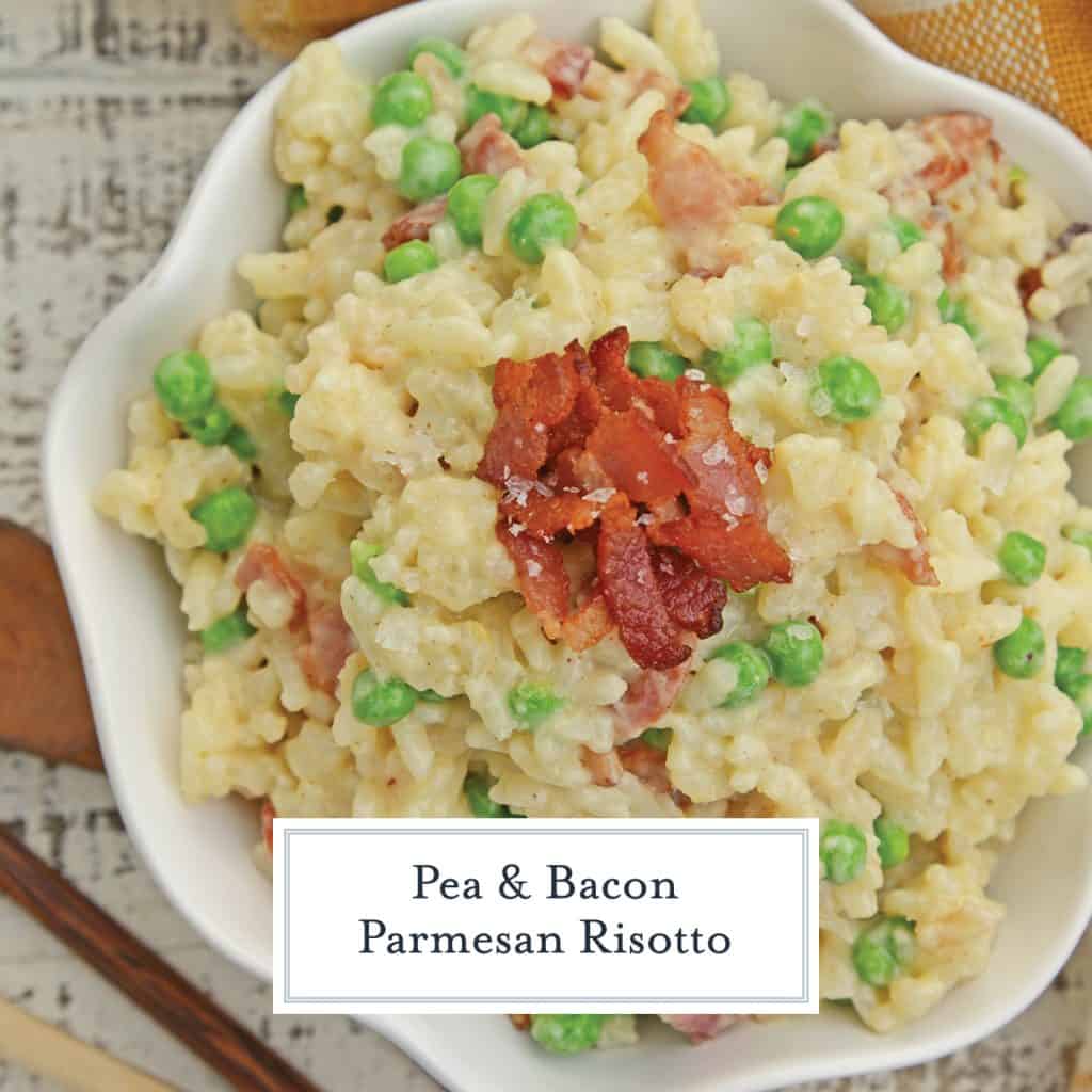 Creamy Parmesan Risotto takes the most traditional risotto recipe and adds vibrant peas and crispy bacon. Sauteed in bacon fat, this rice packs a flavor punch! #parmesanrisottorecipe #easyrisottorecipe www.savoryexperiments.com