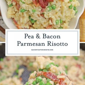 Creamy Parmesan Risotto takes the most traditional risotto recipe and adds vibrant peas and crispy bacon. Sauteed in bacon fat, this rice packs a flavor punch! #parmesanrisottorecipe #easyrisottorecipe www.savoryexperiments.com