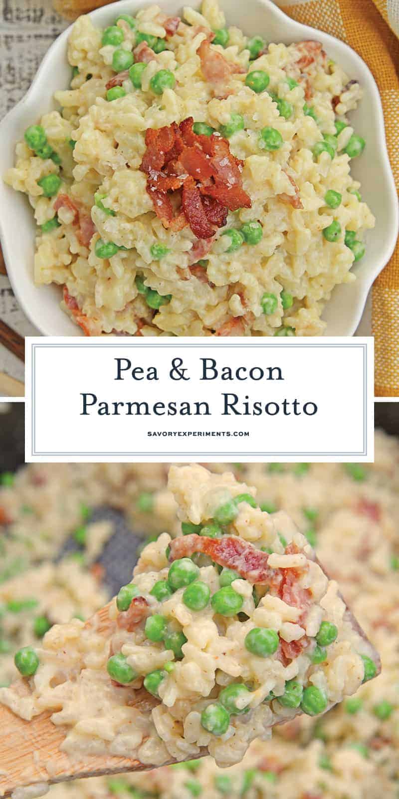 Creamy Parmesan Risotto takes the most traditional risotto recipe and adds vibrant peas and crispy bacon. Sauteed in bacon fat, this rice packs a flavor punch! #parmesanrisottorecipe #easyrisottorecipe www.savoryexperiments.com