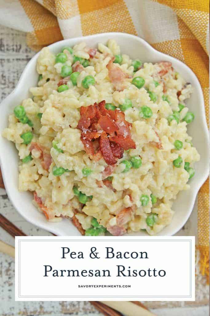 Creamy Parmesan Risotto takes the most traditional risotto recipe and adds vibrant peas and crispy bacon. Sauteed in bacon fat, this rice packs a flavor punch! #parmesanrisottorecipe #easyrisottorecipe www.savoryexperiments.com