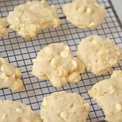 lemon white chocolate chip cookies on a wire rack